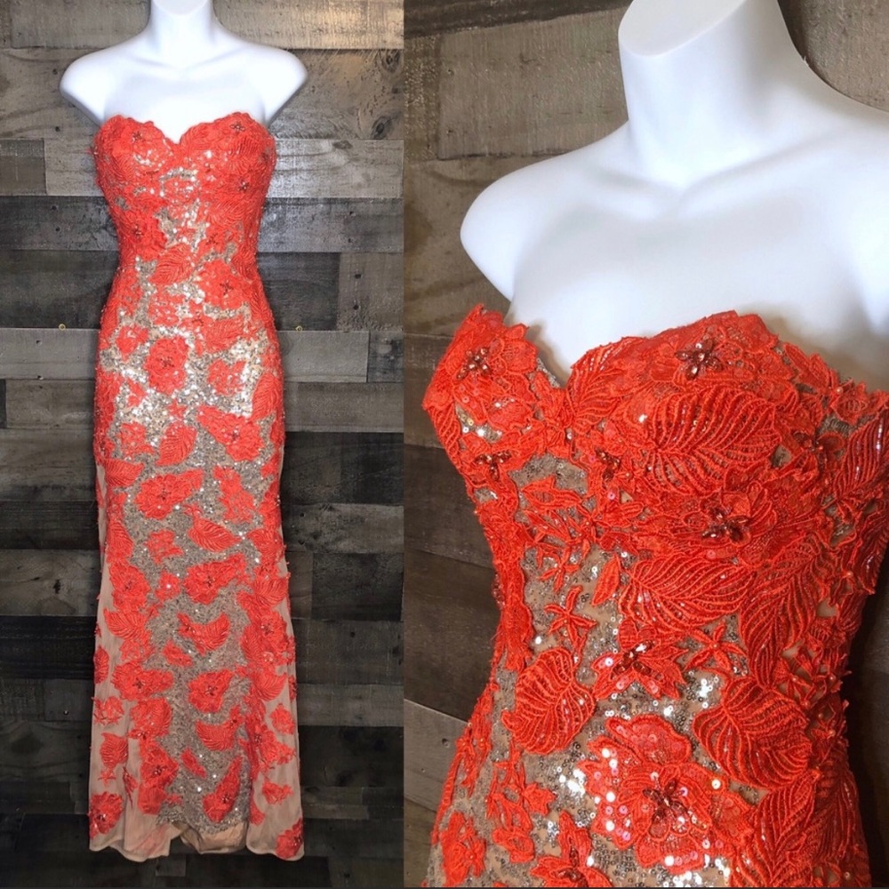 Sherri Hill Coral Strapless sequin Appliquéd Long Formal Dress with Train Size 6